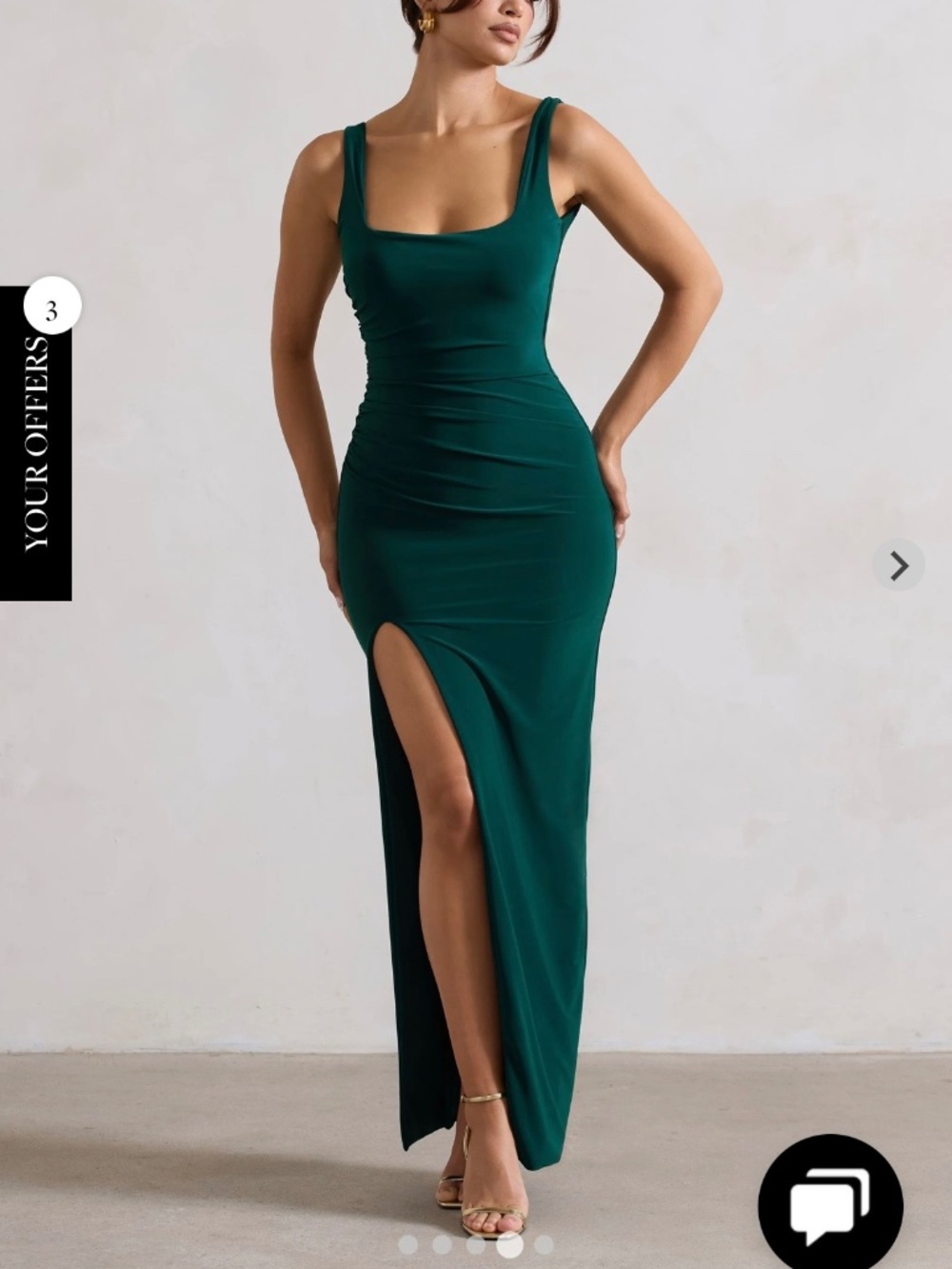 Club L London - Bottle Green Square Neck Maxi Dress, Plunge Back and Side Slit